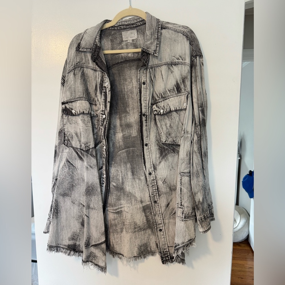 Black and Gray Women's Distressed Oversized Denim Shirt
